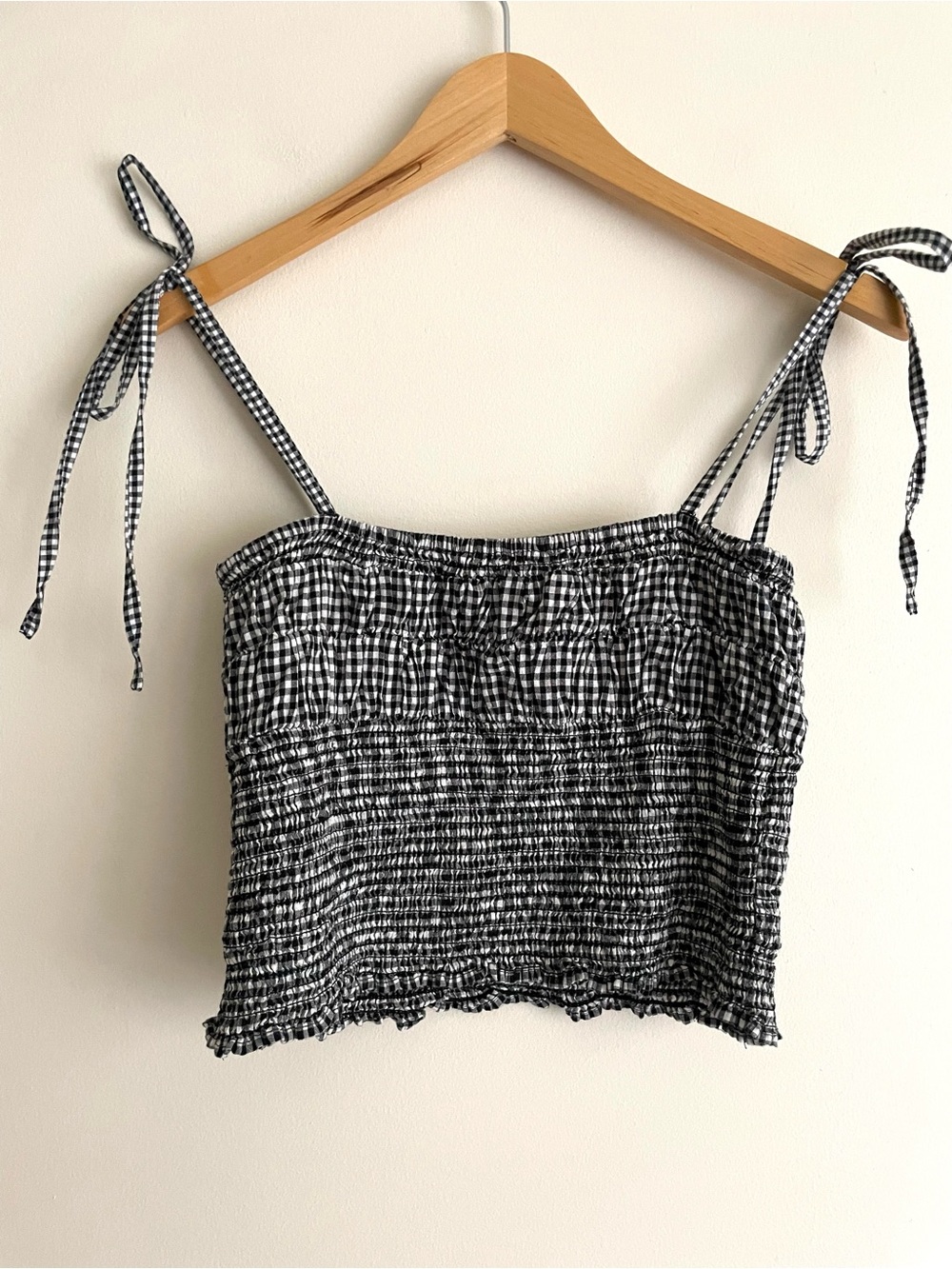 Zara Gingham Check Cropped Smocked Tie Strap Tank Top